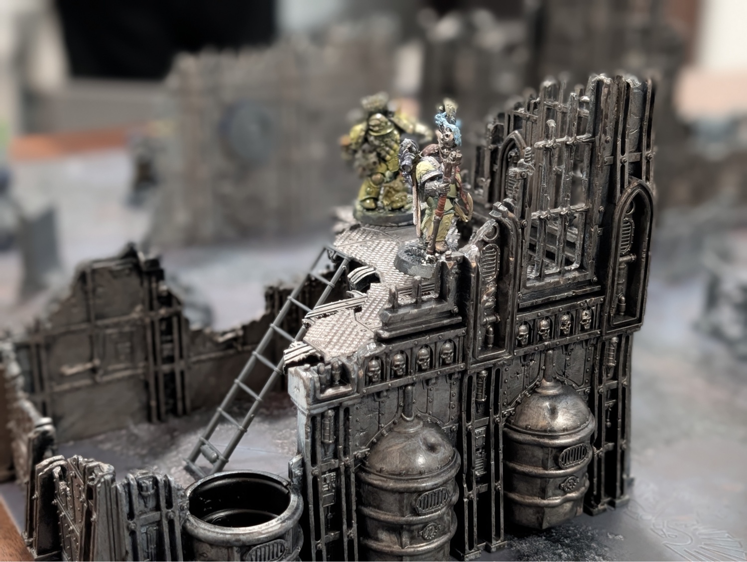 Painted Sector Imperialis terrain on a Warehouse 41 table